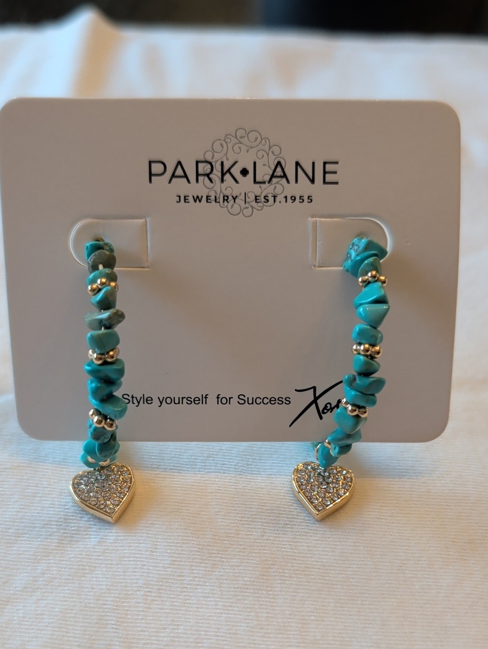 Park Lane Turquoise Chip Hoop Earrings with Gold Pave Heart Drops